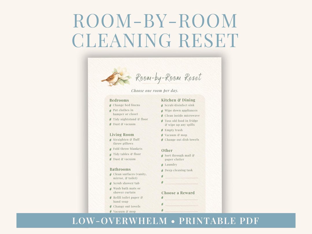 Room by Room Cleaning Checklist Printable, Simple Home Reset PDF, ADHD ...