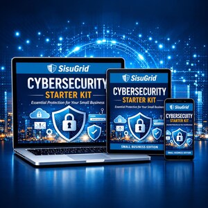 May include: A laptop, tablet, and smartphone displaying the SisuGrid Cybersecurity Starter Kit, Essential Protection for Your Small Business. The screens feature a blue shield icon with a padlock, cloud, and login interface against a digital background.