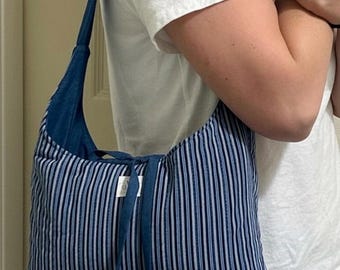 Blue Stripe Quilted Slouchy Shoulder Bag | Handmade Fabric Purse | Soft Everyday Bag | Mini Diaper Bag | Mom Purse