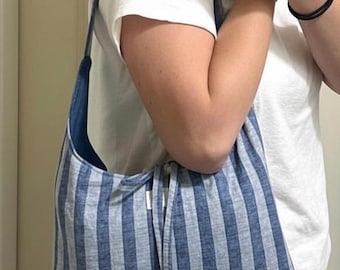 Blue Stripe Quilted Slouchy Shoulder Bag | Handmade Fabric Purse | Soft Everyday Bag | Mini Diaper Bag | Mom Purse