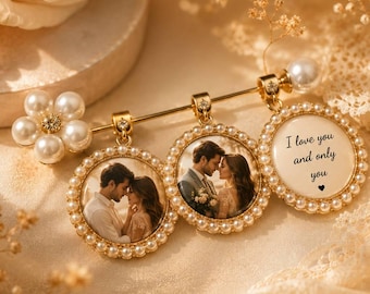 Personalisierter Brautstrauß Foto Brosche, Erinnerungsstück Hochzeit Anstecknadel Charm (Gold oder Silber)