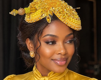 Luxury Yellow and Gold Fascinator Hat – Handmade Pearl & Crystal Church Headpiece – Elegant Kentucky Derby, Tea Party Wedding Fascinator