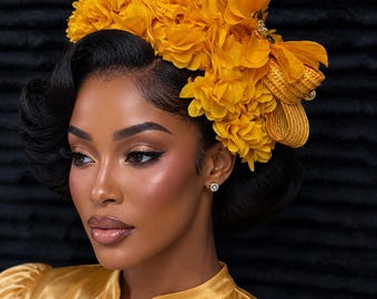Elegant Gold Yellow Floral Fascinator Hat for Church, Wedding, Tea Party & Derby