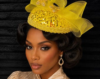 Elegant Yellow Sequin Church Fascinator Hat