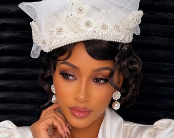 White Pearl Floral Embellished Beret Hat