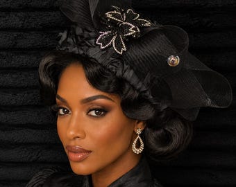 Elegant black Sequin Church Fascinator Hat