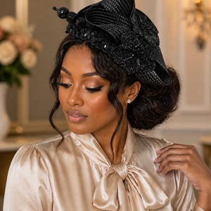 Black Feathered Sequined Cocktail Fascinator Hat - Women Accessories Black Sequin Fascinator Hat, Church and Wedding Headpiece - Etsy main image 3