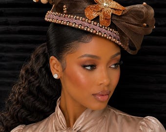 Elegant Brown Church Fascinator Hat for Women – Rhinestone Bow Formal Headpiece