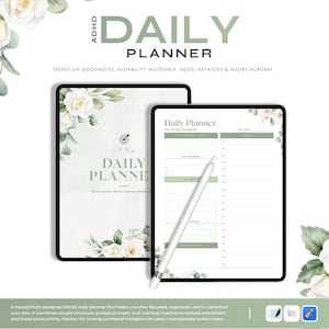 Op de afbeelding: Een digitale ADHD dagplanner op een tablet, met een wit en groen ontwerp en bloemaccenten. De planner bevat secties voor dagelijkse focus, prioriteiten en een tracker. De tekst luidt "ADHD Daily Planner."