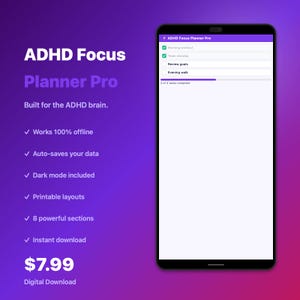 ADHD Planner Digital Download, Focus Planner, Habit Tracker, Pomodoro Timer, Daily Planner Neurodivergent, Productivity Planner Offline