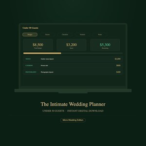 May include: A digital wedding planner interface displayed on a screen, featuring a budget tracker with categories for venue, catering, and photography. The text reads The Intimate Wedding Planner, Under 50 Guests, Instant Digital Download, Micro-Wedding Edition.