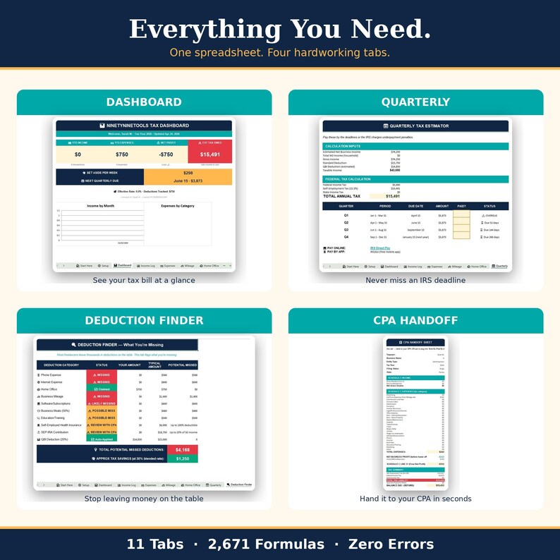 May include: A digital spreadsheet tool featuring four distinct tabs: Dashboard, Quarterly, Deduction Finder, and CPA Handoff. The interface displays financial data, tax estimators, and deduction tracking with teal, white, and dark blue color schemes.