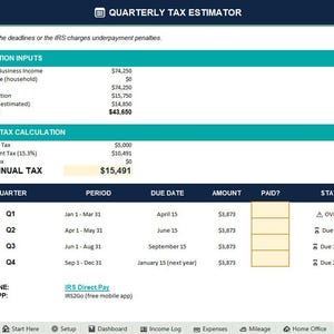 May include: A digital Quarterly Tax Estimator spreadsheet displaying calculation inputs, federal tax calculations, and a quarterly payment schedule. The table lists Q1 through Q4 periods, due dates, amounts, payment status, and links to IRS Direct Pay.