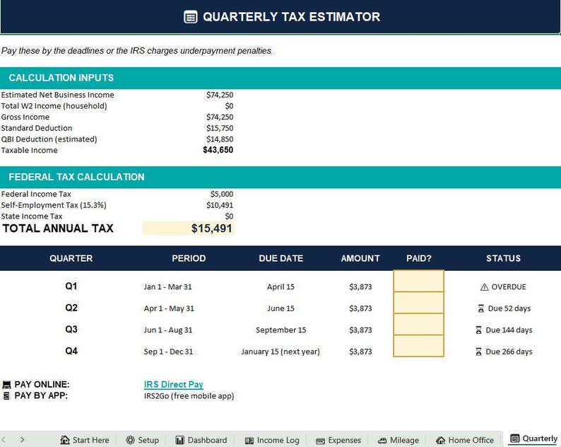 May include: A digital Quarterly Tax Estimator spreadsheet displaying calculation inputs, federal tax calculations, and a quarterly payment schedule. The table lists Q1 through Q4 periods, due dates, amounts, payment status, and links to IRS Direct Pay.