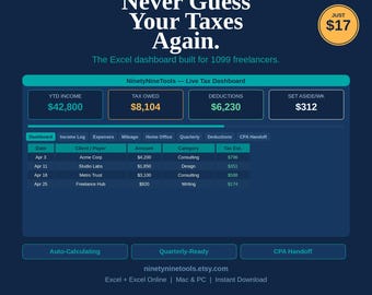1099 Tax Spreadsheet Excel | Self Employed Tax Tracker | Freelancer Income & Expense Calculator | Digital Download