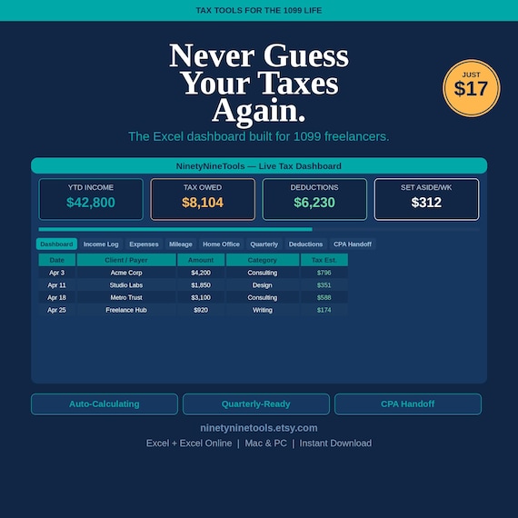 1099 Tax Spreadsheet Excel | Self Employed Tax Tracker | Freelancer Income & Expense Calculator | Digital Download