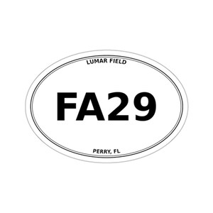 May include: An oval-shaped white sticker featuring the bold black text FA29 in the center. The top edge displays the text LUMAR FIELD, while the bottom edge displays the text PERRY, FL. The design is enclosed by a thin black double-line border.