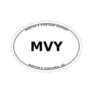 May include: An oval sticker with a white background and a thin black border. The text MARTHA'S VINEYARD AIRPORT is printed in black along the top curve, and MARTHA'S VINEYARD, MA is printed along the bottom curve. The letters MVY are in the centre.