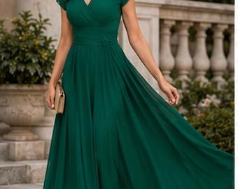 Emerald Green Chiffon Maxi Dress for Women | Elegant Wedding Guest Dress | Formal Evening Gown | Flowy V-Neck Bridesmaid Dress
