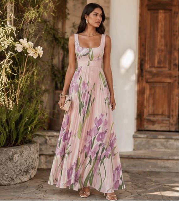 Pink Floral Maxi Dress for Women | Elegant Pleated Summer Dress | Boho Wedding Guest Dress