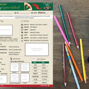 May include: A printed educational factsheet about Mexico from the World Explorer Series, featuring sections for geography, food, wildlife, and Spanish vocabulary, accompanied by a collection of colored pencils on a wooden surface.