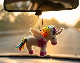 Handmade Wool Felt Unicorn Bag Charm, Rainbow Pegasus Keychain, Cute Backpack Accessory, Magical Needle Felted Purse Charm, Unique Gift