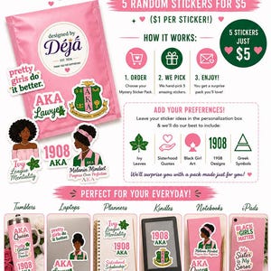 Alpha Kappa Alpha Mystery Sticker Pack 5 | Waterproof Vinyl Stickers Sorority Gift Planner, Laptop and Tumbler Decals