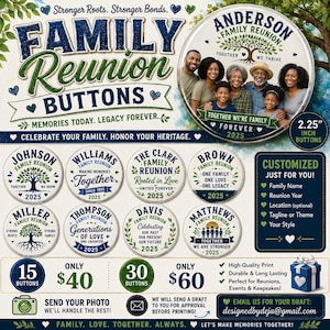 May include: A promotional image for family reunion buttons. The image features a large button with a family photo and text, surrounded by smaller sample buttons. Text includes "Family Reunion Buttons" and customization details.