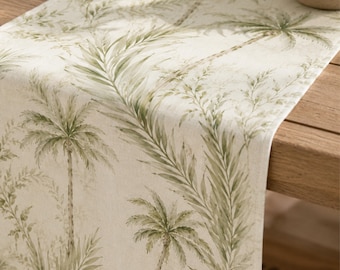 Tropical Table Runner Palm Leaf Botanical Dining Kitchen Linen Beach House Coastal Home Nature Inspired Jungle Theme Green Cream Outdoor