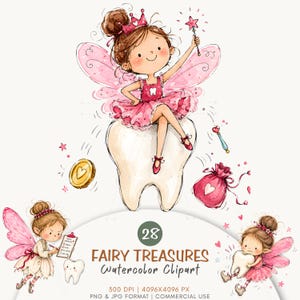 28 tandfé clipart-paket, akvarell PNG JPG, digitala tandfé-designer, kommersiellt bruk