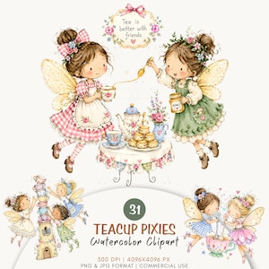 Pode incluir: Ilustração em aquarela de duas fadas de cabelo castanho com asas tomando chá com uma mesa, bule, xícaras e mel. Acima há uma placa escrita Tea is better with friends. Abaixo há ilustrações de fadas menores e texto descritivo.