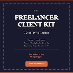 Może przedstawiać: Grafika cyfrowa z białym tekstem "THE FREELANCER CLIENT KIT" na ciemnoniebieskim tle z pomarańczowymi akcentami. Zawiera "7 gotowych szablonów" i wezwanie do działania: "NATYCHMIASTOWE POBIERANIE".