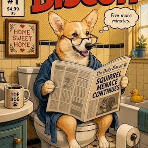 Puede incluir: Portada de cómic titulada "The Daily Biscuit" con un corgi con gafas y una bata, leyendo un periódico en un baño. El titular del periódico dice "Squirrel Menace Continues". Una taza de café dice "Top Dog".
