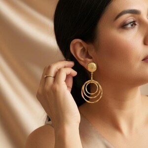 Triple Band Gold Sculptural Earrings – Layered Statement Studs, Minimalist High Shine Jewelry