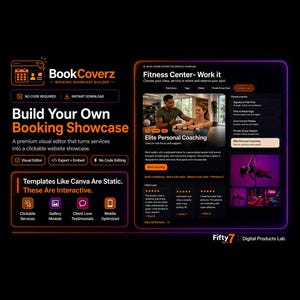 May include: A digital advertisement for "Book Coverz," a booking showcase builder. The design features a dark background with orange and purple accents. The text highlights features like "Build Your Own Booking Showcase" and "Elite Personal Coaching."