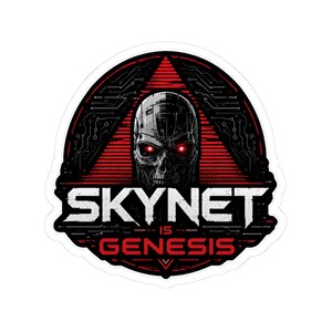 Peut inclure: Autocollant avec un crâne robotique aux yeux rouges brillants, sur un fond triangulaire rouge et un motif de circuit imprimé. Le texte "SKYNET IS GENESIS" est en blanc, avec un bord noir.