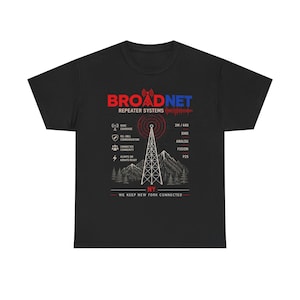 Puede incluir: Camiseta negra con un gráfico que presenta una torre de radio, montañas y el texto "BROADNET REPEATER SYSTEMS". El texto adicional incluye "NY WE KEEP NEW YORK CONNECTED" y términos de comunicación técnica.