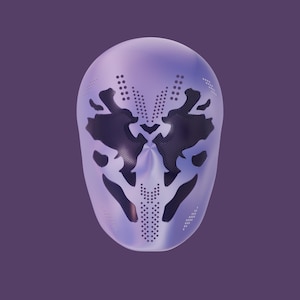 Könnte beinhalten: Eine glatte, hellviolette Maske mit einem symmetrischen, dunklen Tintenklecks-Muster auf der Vorderseite. Das Design enthält komplexe, perforierte Punkt-Details, die den Konturen der dunklen Formen folgen und ein strukturiertes Aussehen erzeugen.