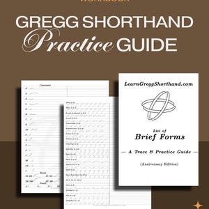 Pode incluir: Um caderno de exercícios castanho intitulado "Gregg Shorthand Practice Guide" com páginas de exercícios e um livreto "List of Brief Forms". A capa tem texto branco. As páginas de exercícios mostram símbolos e exercícios de estenografia.