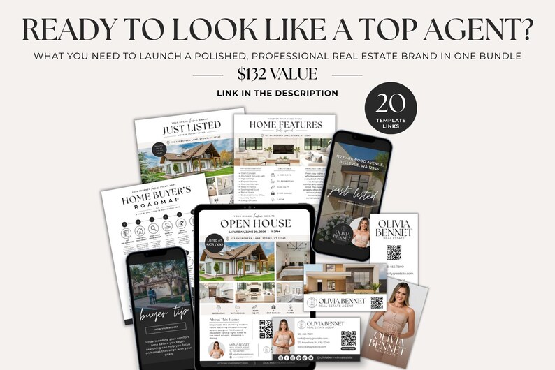 Pode incluir: Um pacote de marketing digital para agentes imobili&aacute;rios com v&aacute;rios modelos, incluindo folhetos, cart&otilde;es de visita e gr&aacute;ficos para redes sociais. O texto diz READY TO LOOK LIKE A TOP AGENT, 20 TEMPLATE LINKS, JUST LISTED, HOME FEATURES e OPEN HOUSE.