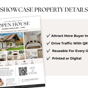 Pode incluir: Um modelo de folheto imobili&aacute;rio intitulado SHOWCASE PROPERTY DETAILS e OPEN HOUSE, apresentando o exterior de uma casa, divis&otilde;es interiores, estat&iacute;sticas, um c&oacute;digo QR e informa&ccedil;&otilde;es de contacto de Olivia Bennet, com marcas de verifica&ccedil;&atilde;o.