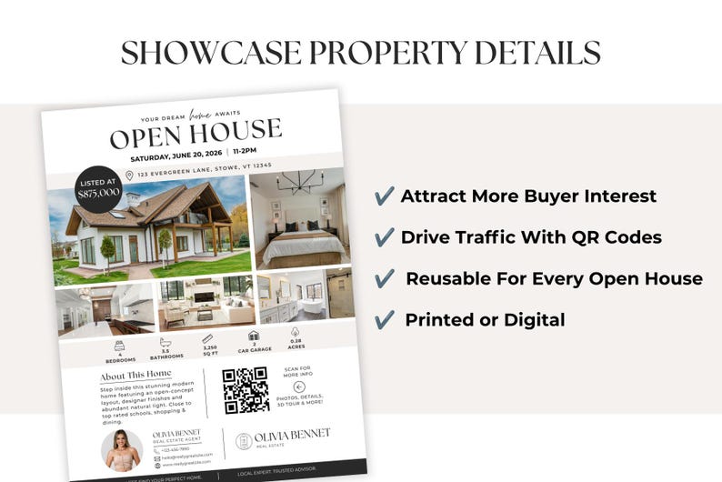 Pode incluir: Um modelo de folheto imobili&aacute;rio intitulado SHOWCASE PROPERTY DETAILS e OPEN HOUSE, apresentando o exterior de uma casa, divis&otilde;es interiores, estat&iacute;sticas, um c&oacute;digo QR e informa&ccedil;&otilde;es de contacto de Olivia Bennet, com marcas de verifica&ccedil;&atilde;o.