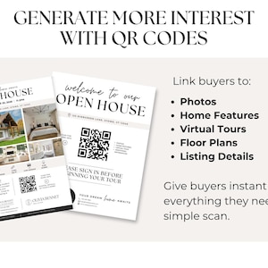 Pode incluir: Dois folhetos brancos para open house com texto preto, fotos de propriedades e c&oacute;digos QR. Os folhetos incluem o texto "OPEN HOUSE", "welcome to our OPEN HOUSE" e "GENERATE MORE INTEREST WITH QR CODES", juntamente com uma lista de links para fotos, caracter&iacute;sticas, tours virtuais, plantas e detalhes.