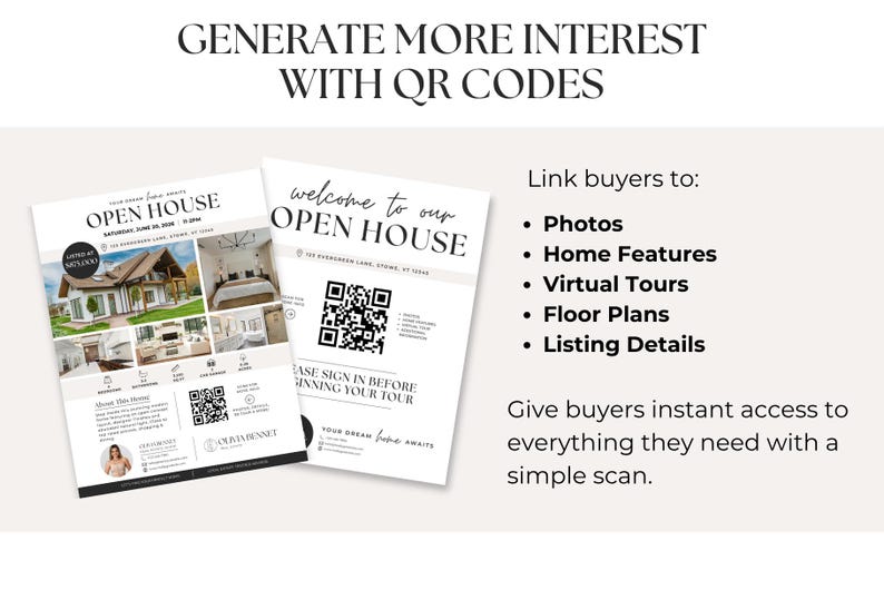 Pode incluir: Dois folhetos brancos para open house com texto preto, fotos de propriedades e c&oacute;digos QR. Os folhetos incluem o texto "OPEN HOUSE", "welcome to our OPEN HOUSE" e "GENERATE MORE INTEREST WITH QR CODES", juntamente com uma lista de links para fotos, caracter&iacute;sticas, tours virtuais, plantas e detalhes.