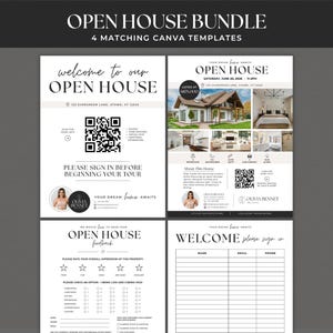 May include: A bundle of four matching Canva templates for an open house, featuring white backgrounds with black text. The designs include an open house flyer, a sign-in sheet, a feedback form, and a welcome sign, all with QR codes and placeholders.