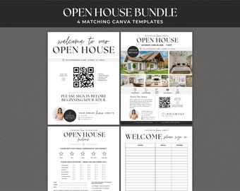 Open House Bundle Canva Template | Sign In Sheet, QR Code Welcome Sign, Property Flyer & Feedback Form | Real Estate Marketing Kit BH1