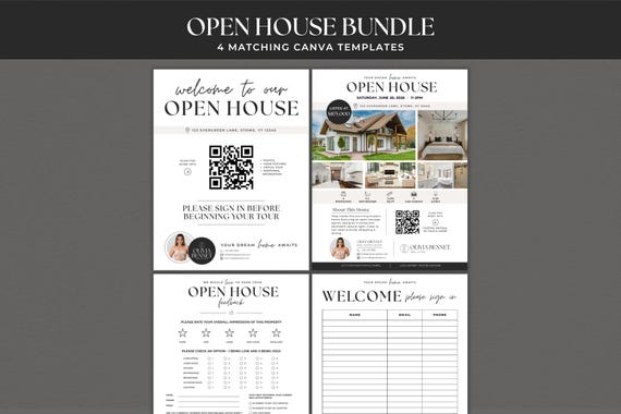 Open House Bundle Canva Template | Sign In Sheet, QR Code Welcome Sign, Property Flyer & Feedback Form | Real Estate Marketing Kit BH1