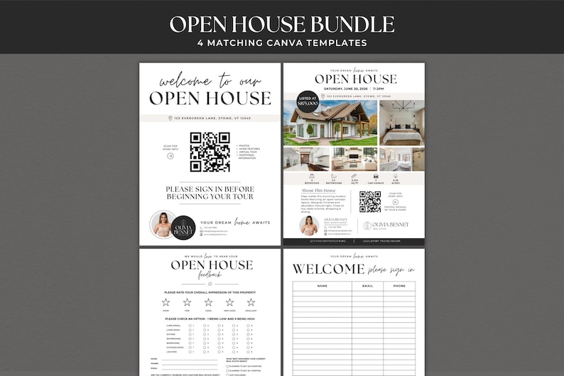 Pode incluir: Um conjunto de quatro modelos Canva correspondentes para um open house, com fundos brancos e texto preto. Os designs incluem um folheto, uma folha de presen&ccedil;a, um formul&aacute;rio de feedback e uma placa de boas-vindas com c&oacute;digos QR.