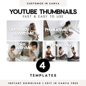 Puede incluir: Imagen promocional para plantillas de miniaturas de YouTube. La imagen presenta cuatro ejemplos de miniaturas con el texto "Get Ready With Me", "Productive", "Bake With Me" y "Fitness Vlog". La imagen también incluye el texto "4 TEMPLATES".