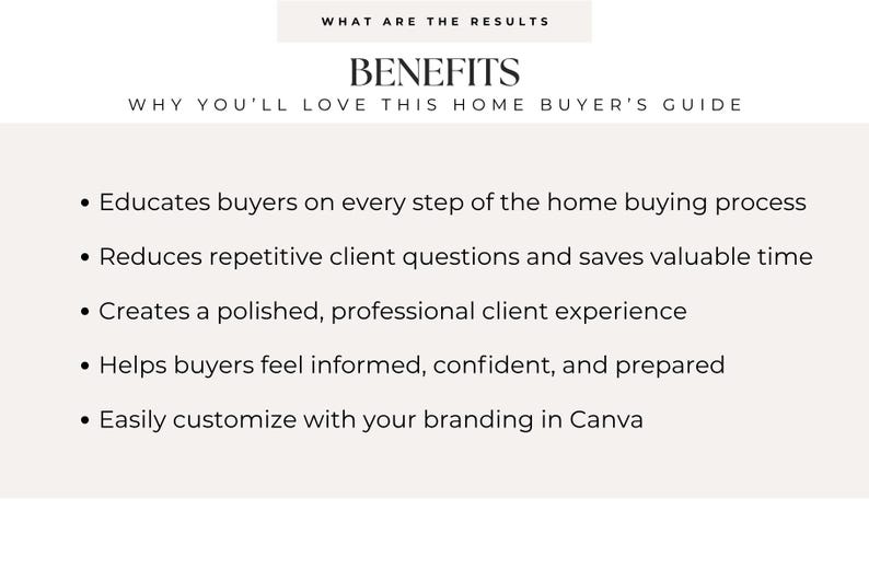 May include: A digital document titled WHAT ARE THE RESULTS BENEFITS WHY YOU'LL LOVE THIS HOME BUYER'S GUIDE. It lists five bullet points: educates buyers on the home buying process, reduces repetitive questions, creates a professional experience, helps buyers feel prepared, and allows customization in Canva.